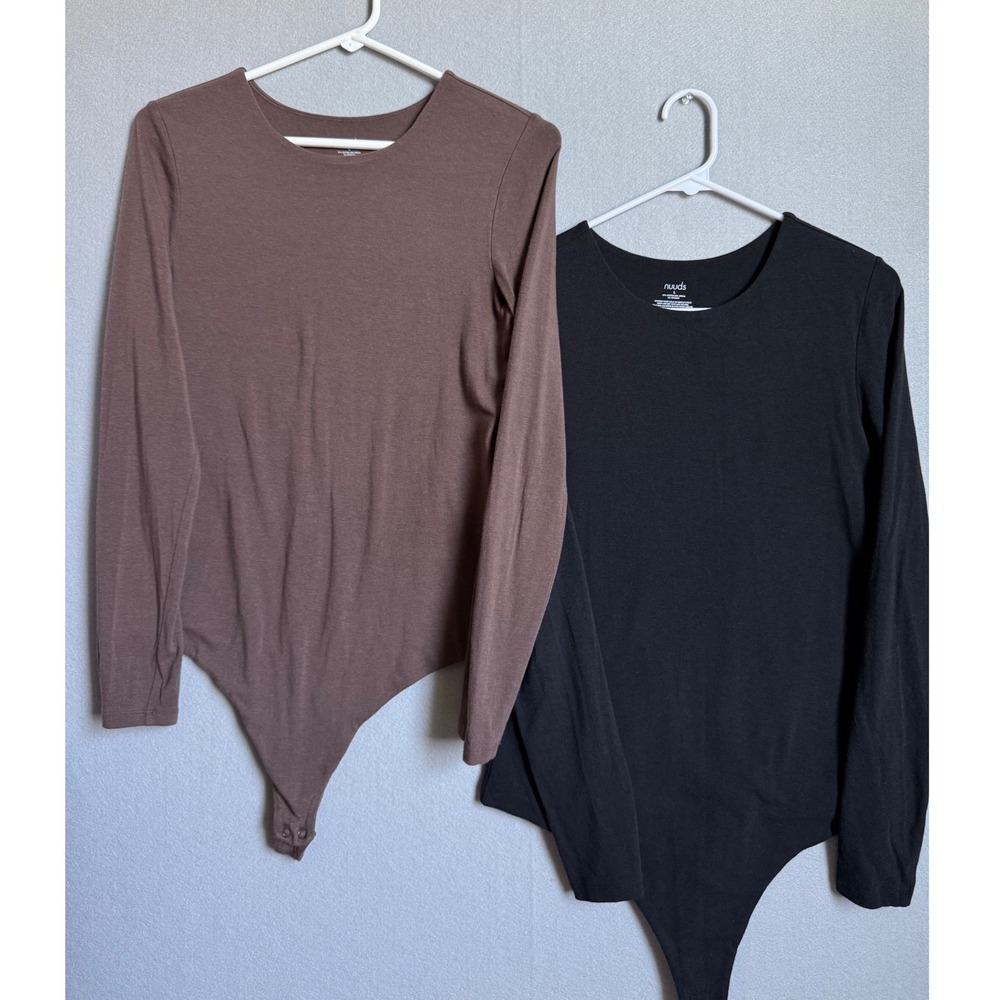 Nuuds Bodysuit Women L Black Brown Long Sleeve Crewneck Cotton Modal 2 Pack